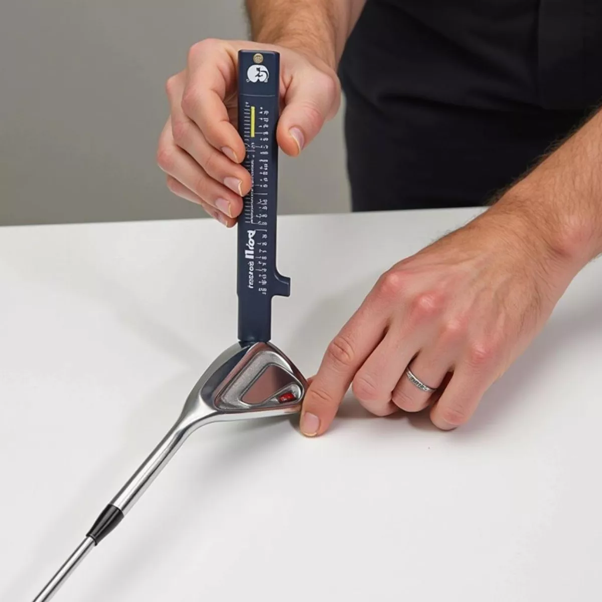 Golfer Measuring Loft Of A Golf Club Using A Gauge