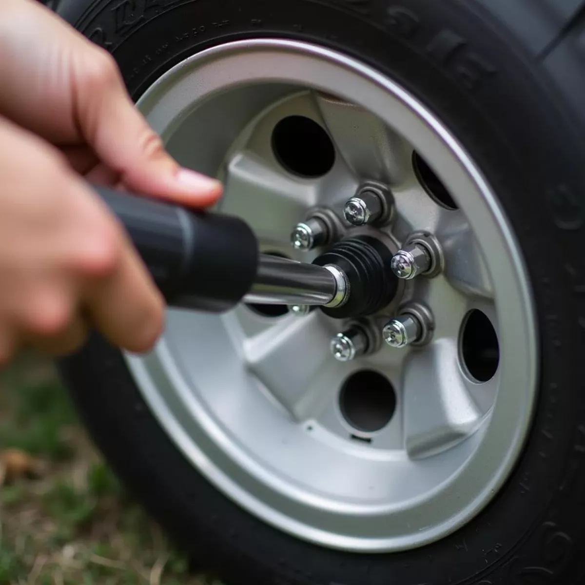 Person Tightening Lug Nuts On A Golf Cart