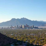 Phoenix city skyline with mountain range in background