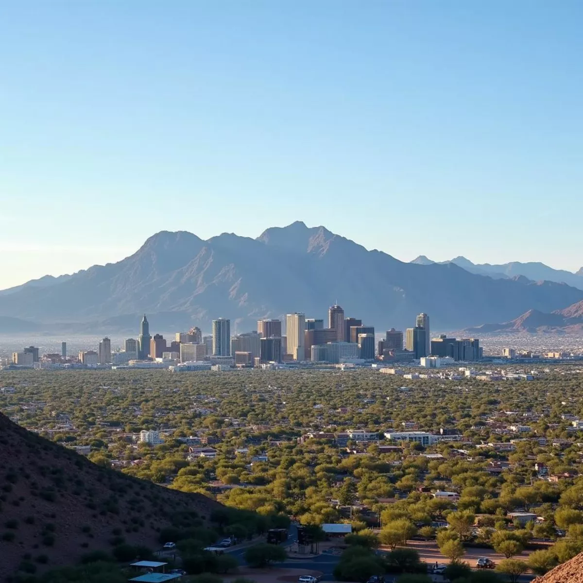 Phoenix City Skyline With Mountain Range In Background