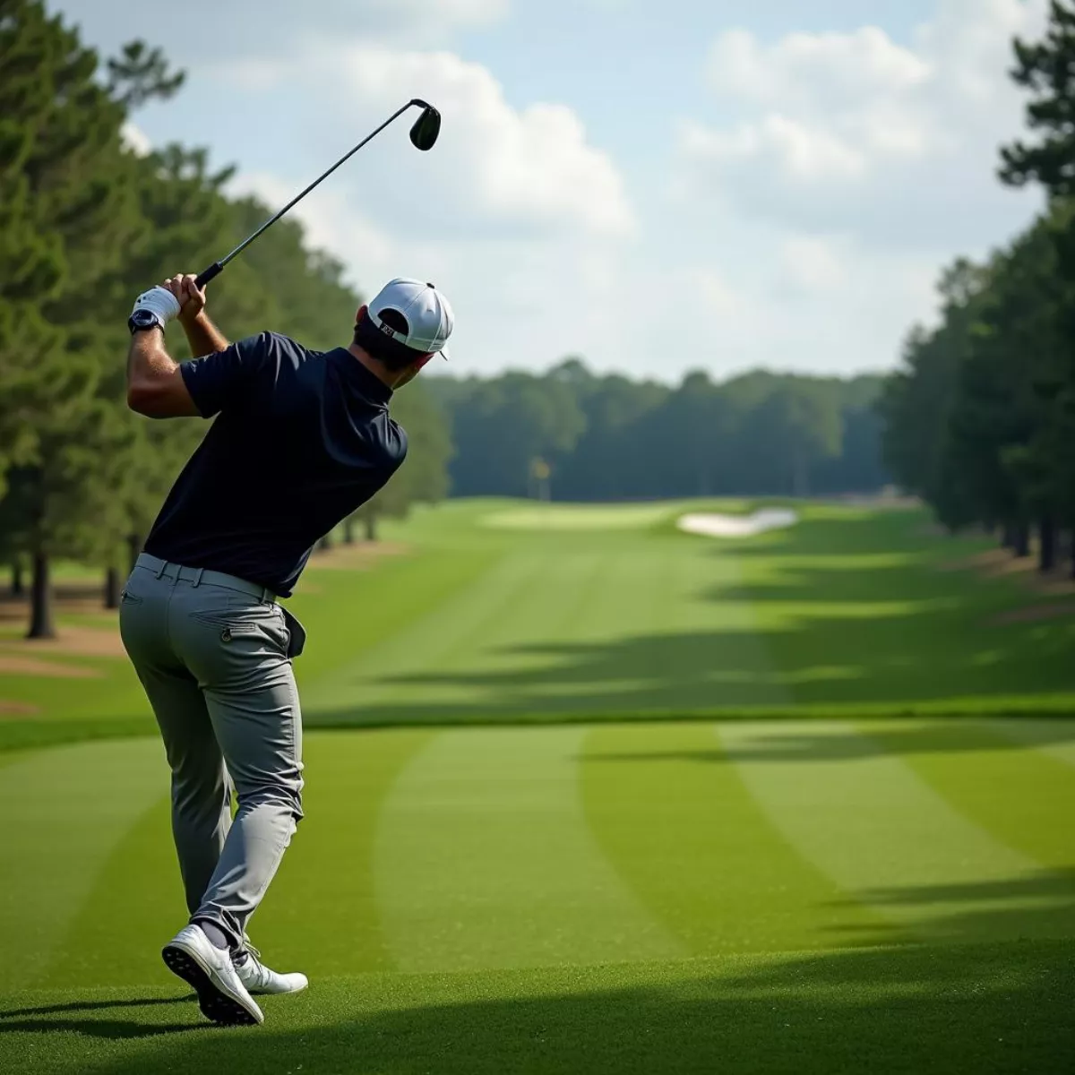 Professional Golfer Swinging Iron On Golf Course