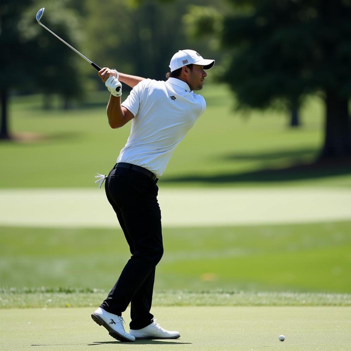 Rickie Fowler executing an iron shot from the fairway, approaching the green.