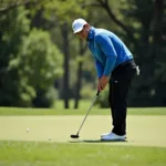 Rickie Fowler putting on the green during a professional golf tournament.