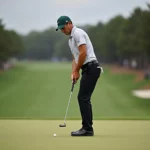 Rickie Fowler using his putter on the green