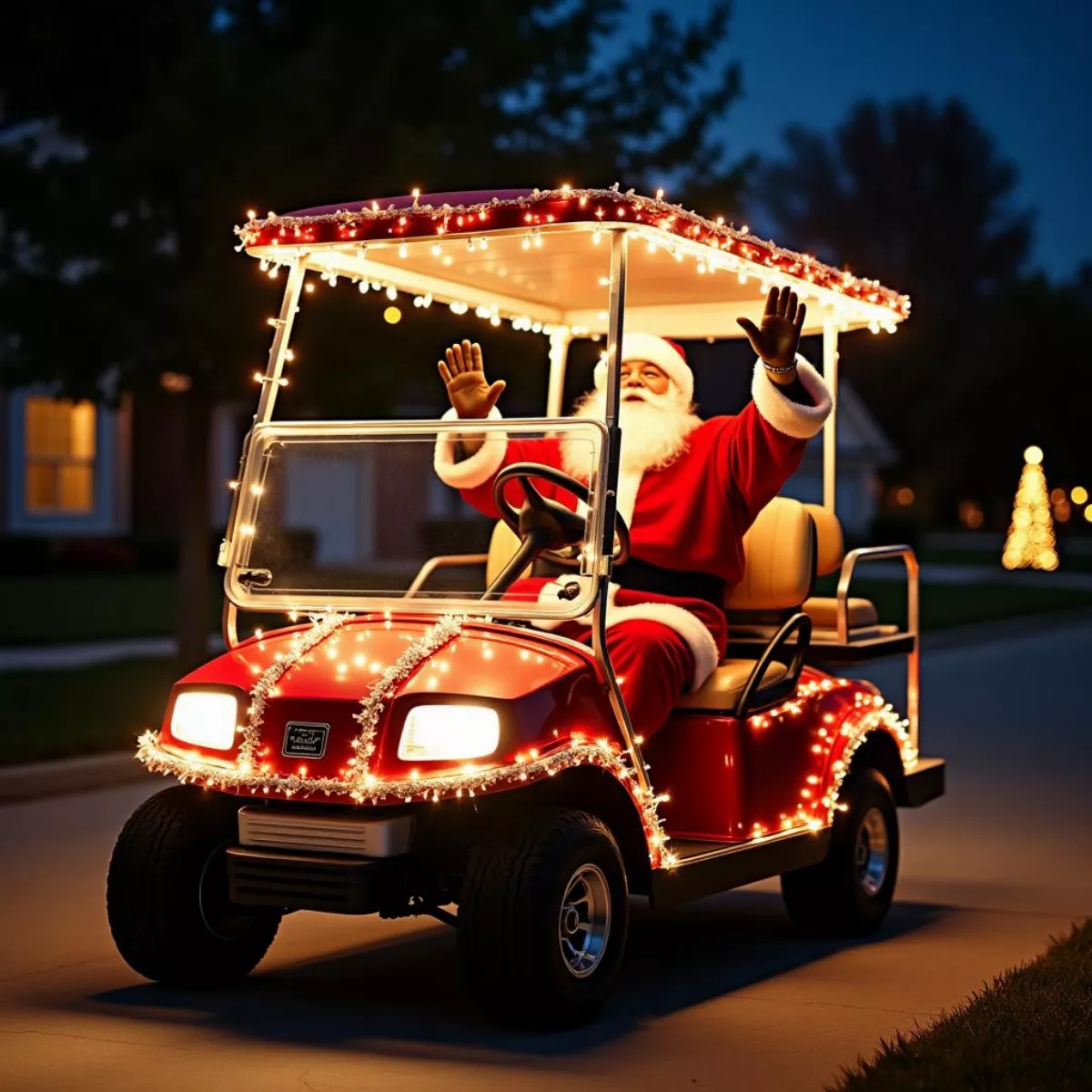 Santa Claus Golf Cart At Night