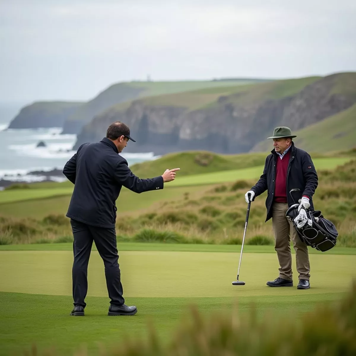 Scottish Golfer And Caddy Discussing Strategy On A Links Course