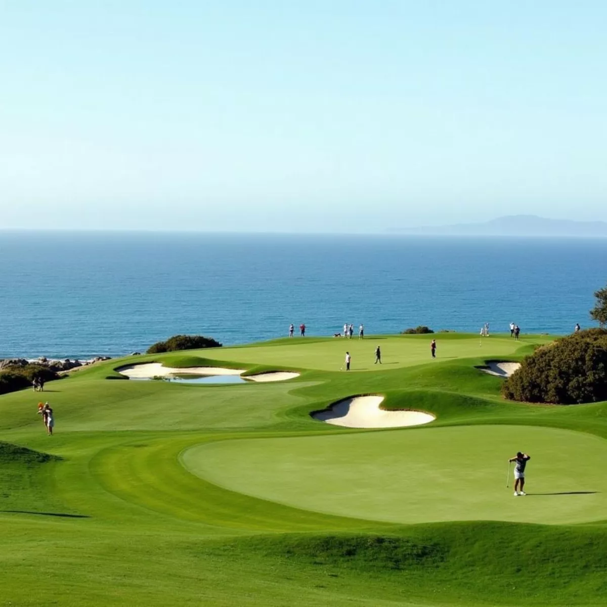 Golfers On A Green With Ocean View