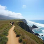 Hikers on a coastal bluff trail