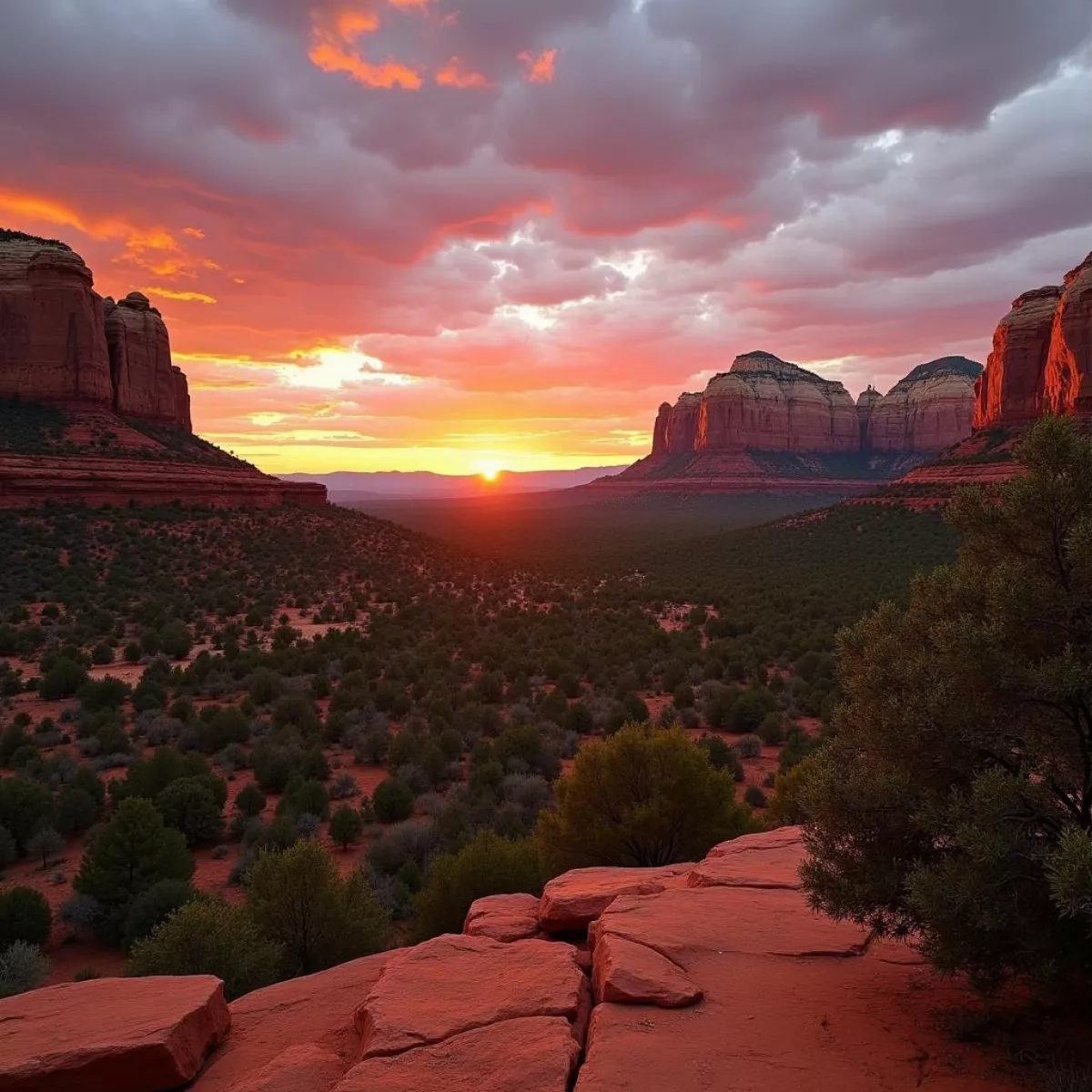 Panoramic View Of Sedona'S Red Rock Landscape At Sunset