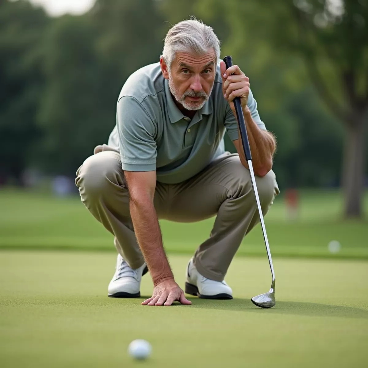 Senior Golfer Lining Up Putt