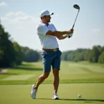 Short golfer swinging an iron club