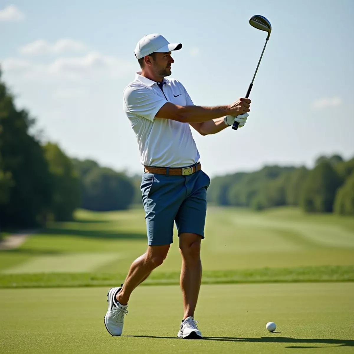 Short Golfer Swinging An Iron Club