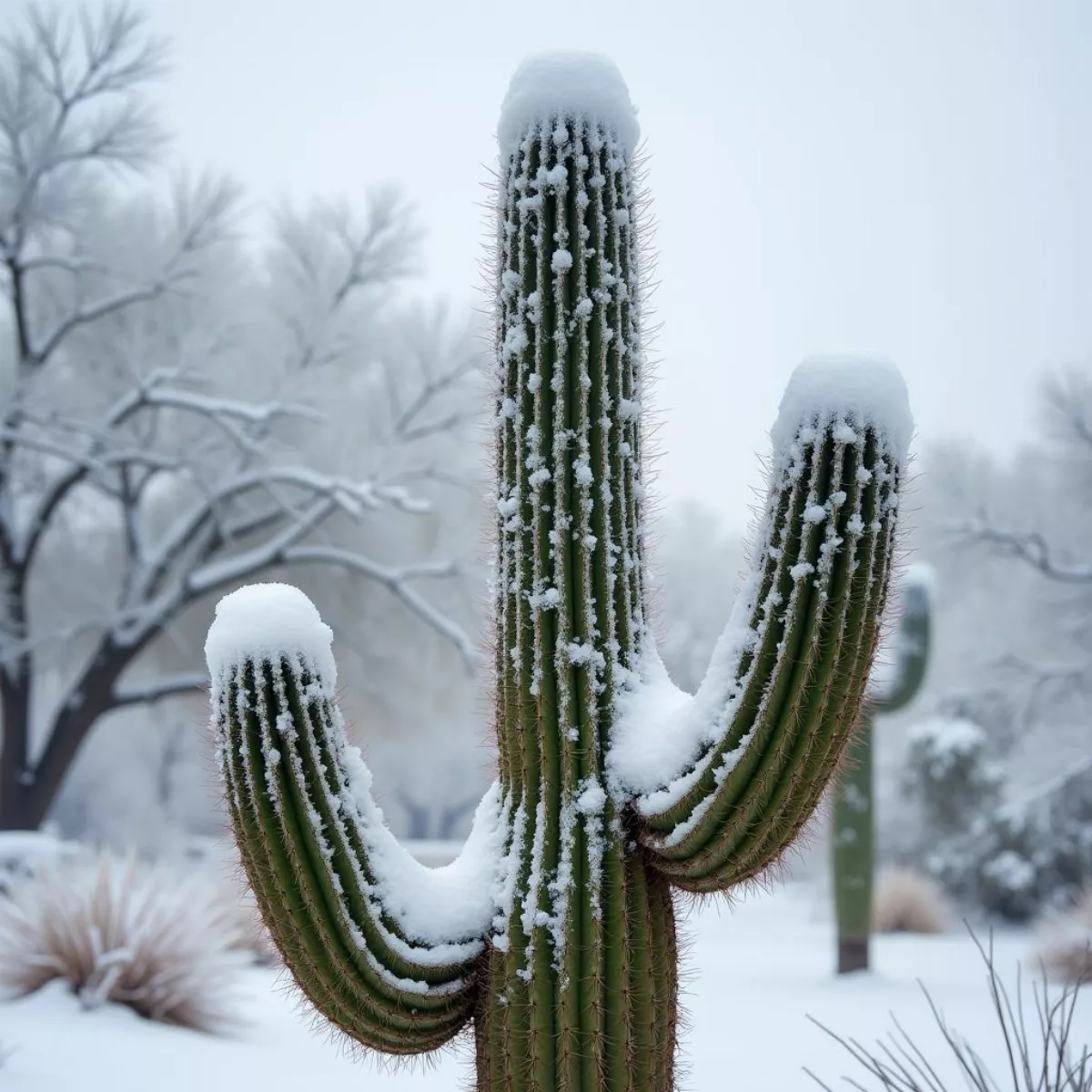 Snow-covered saguaro cactus in Phoenix