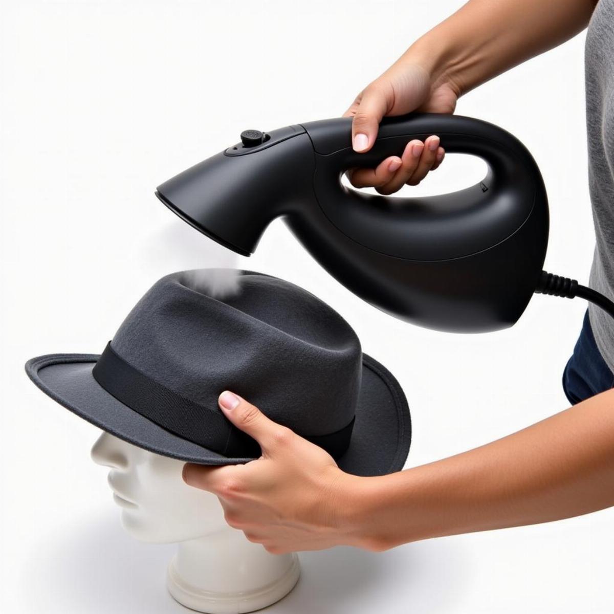 A person using a steamer to shape a hat brim