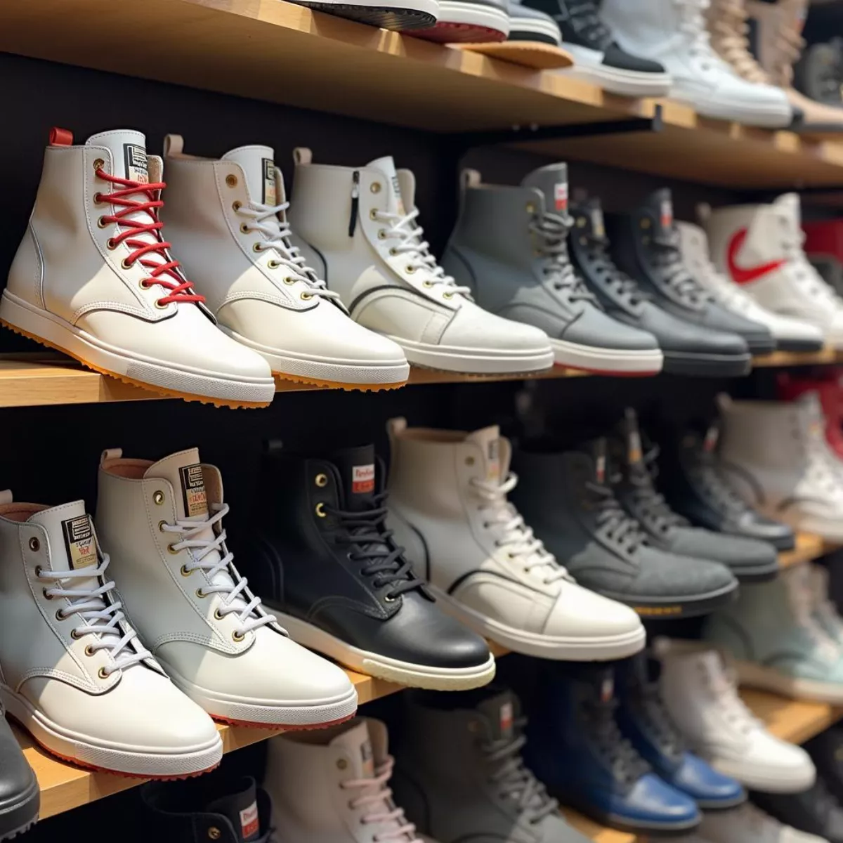 Different Styles Of Women'S High-Top Golf Shoes Displayed In A Shop