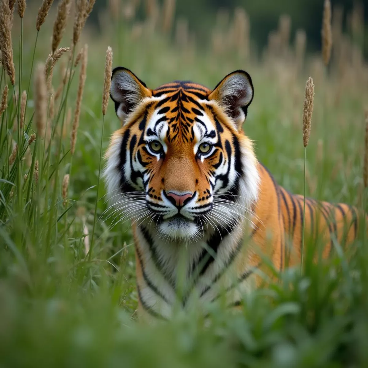 Tiger Camouflaged In Grass