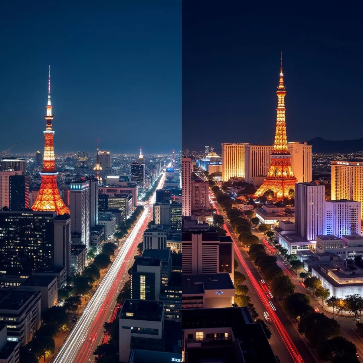 Contrasting Skylines Of Tokyo And Las Vegas