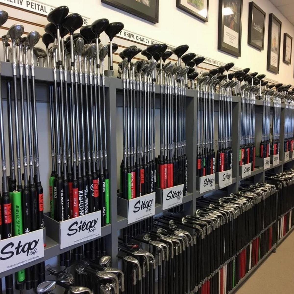 Variety of golf clubs in a True Spec Golf store