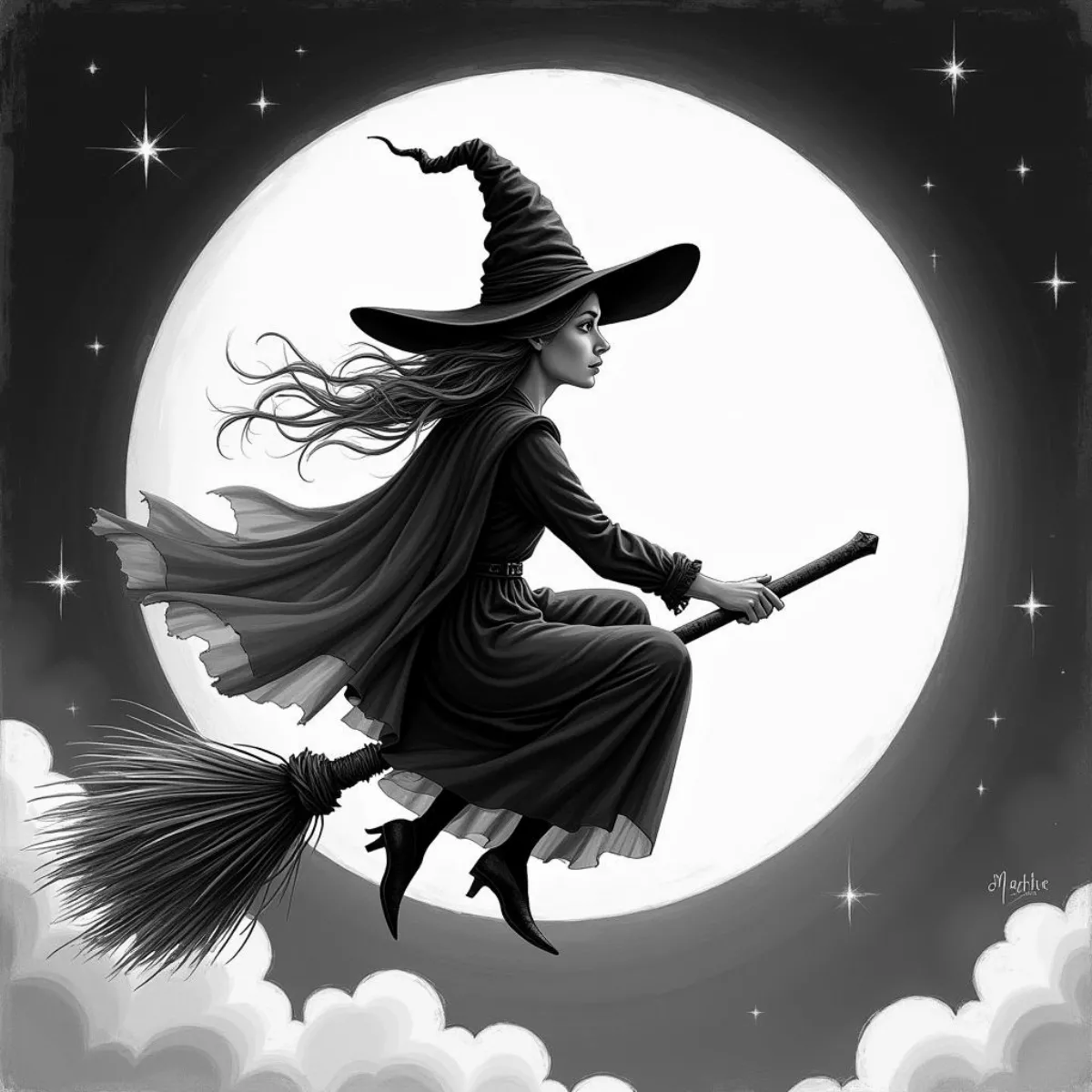 Vintage Illustration Of A Witch Flying On A Broomstick At Night