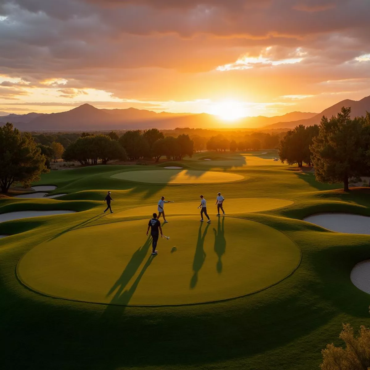 Golfers Finishing Round At Sunset