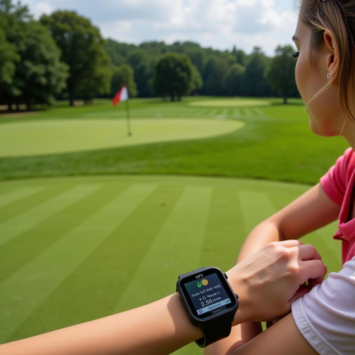 Woman Golfer Using Gps Watch On Course