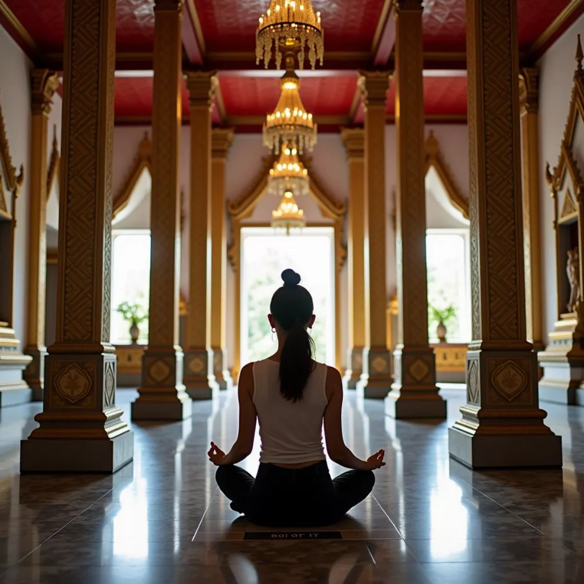 Woman Meditating Peacefully In A Serene Thai Temple