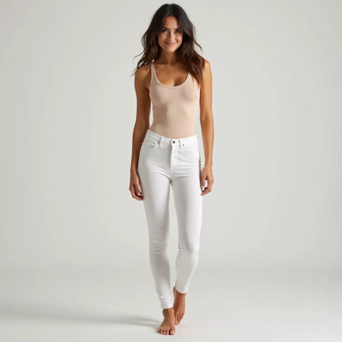 Woman Wearing White Pants And Nude Bodysuit