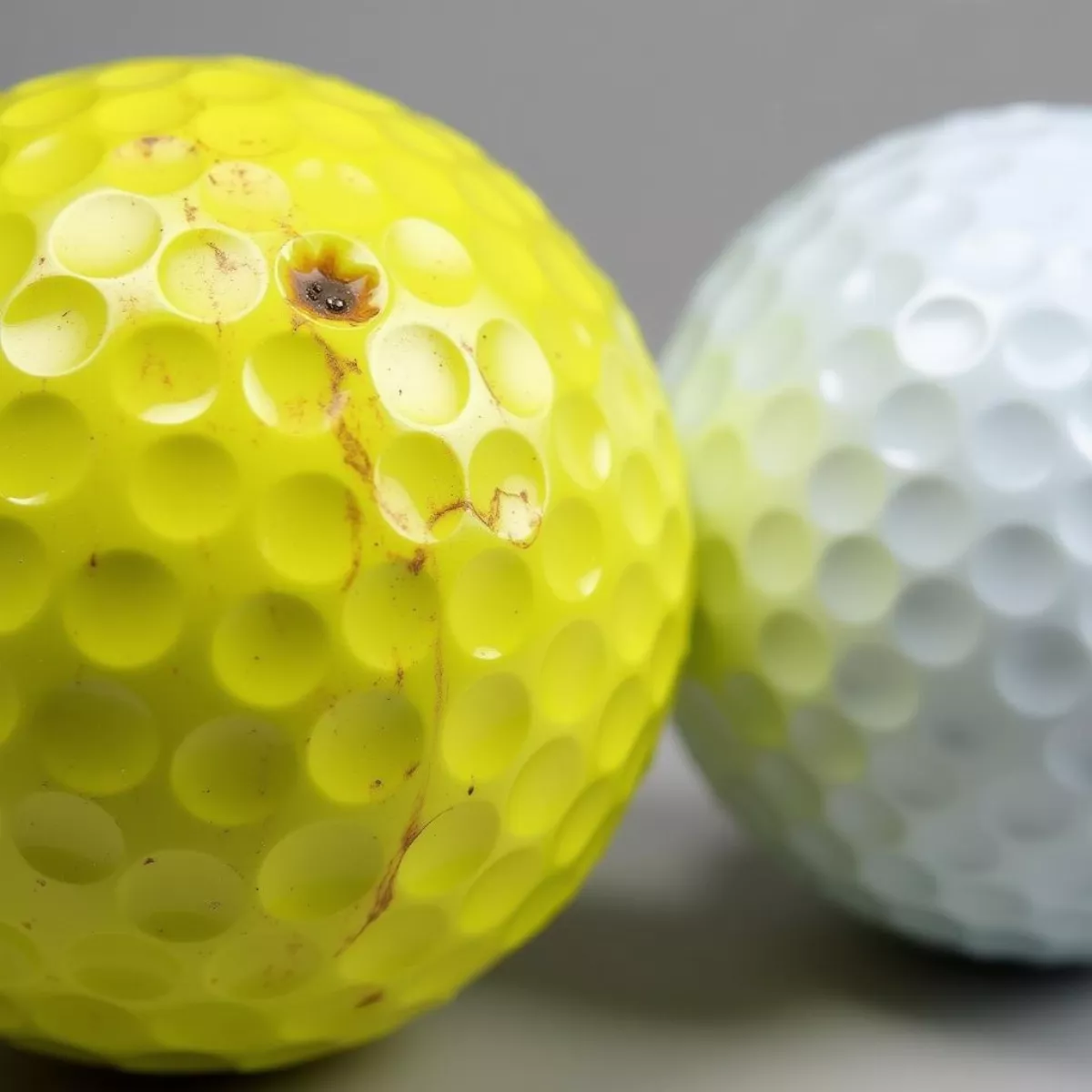 Worn Golf Ball Next To New Golf Ball