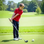 Youth Golfer with Proper Stance and Swing